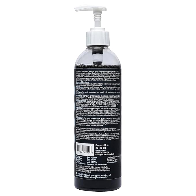 Dr. Natural Activated Charcoal Liquid Soap - Combat Acne and Blemishes - Deep Cleansing Body Wash - Gentle Body Soap for Clear Skin - Mint - 16 oz..