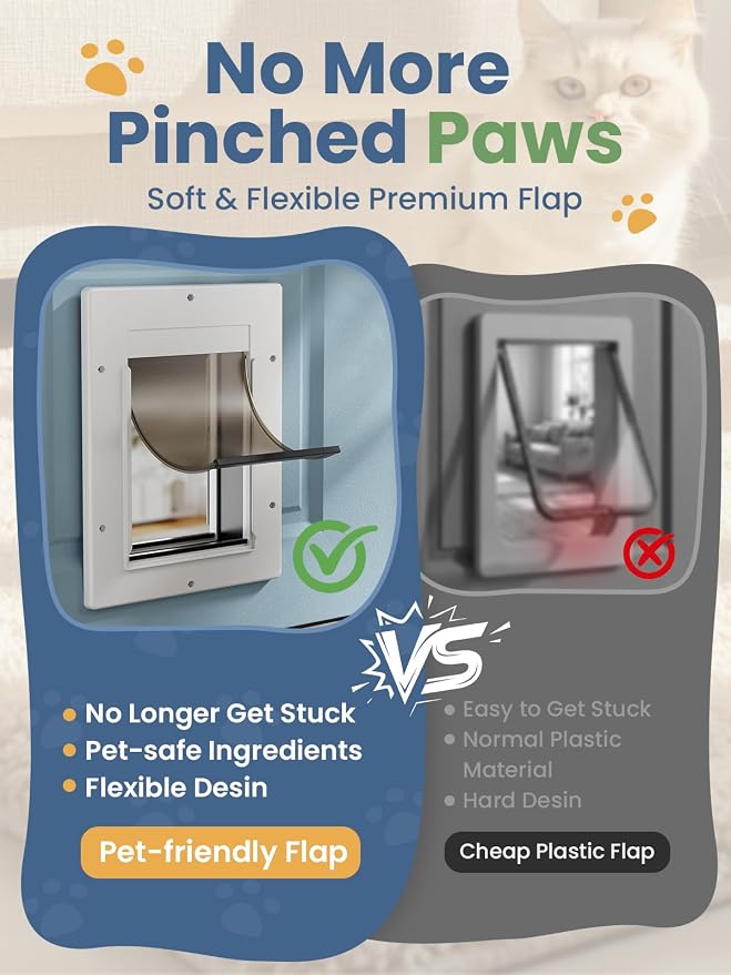 Cat Door with Soft Magnetic Flap, Pets Up to 20 lb, White | Sliding Lock Panel, Soft Magnetic Flap, Adjustable Tunnel, Save energy, Easy DIY Installation Exterior Cat Doors