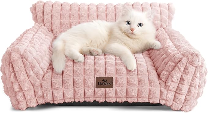 Cat Couch Bed with Fluffy Faux Rabbit Fur for Indoor Cats, 24 Inch | Cute Fuzzy Pet Sofa With Washable Cover For Puppy Kitten, Suppportive Cozy Pets Couch in 3D Diamond Pattern, Pink