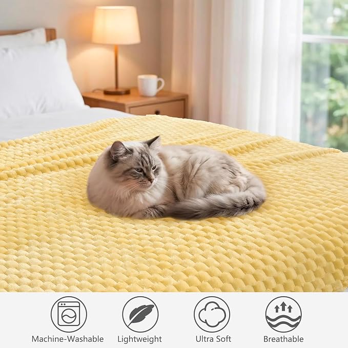 Vessia Flannel Fleece Twin Size Blanket(60x80 inch), 3D Jacquard Light Yellow Fuzzy and Warm Blanket for Couch,Sofa, 300GSM Super Soft Touch Cozy Lightweight Bed Home Decor for All-Season