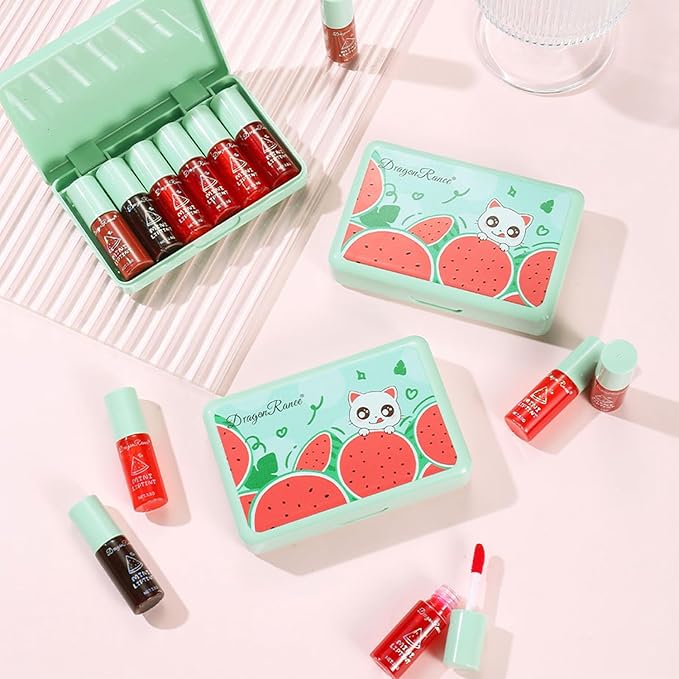 6 Colors Watermelon Lip Stain Set, Korean Velvet Watery Lip Tint Moisturizing Mini Liquid Lip Gloss, Lipstick for Women, Blush for Cheeks, St. Patrick’s Day Gift, Easter, Long-Lasting, High Pigment