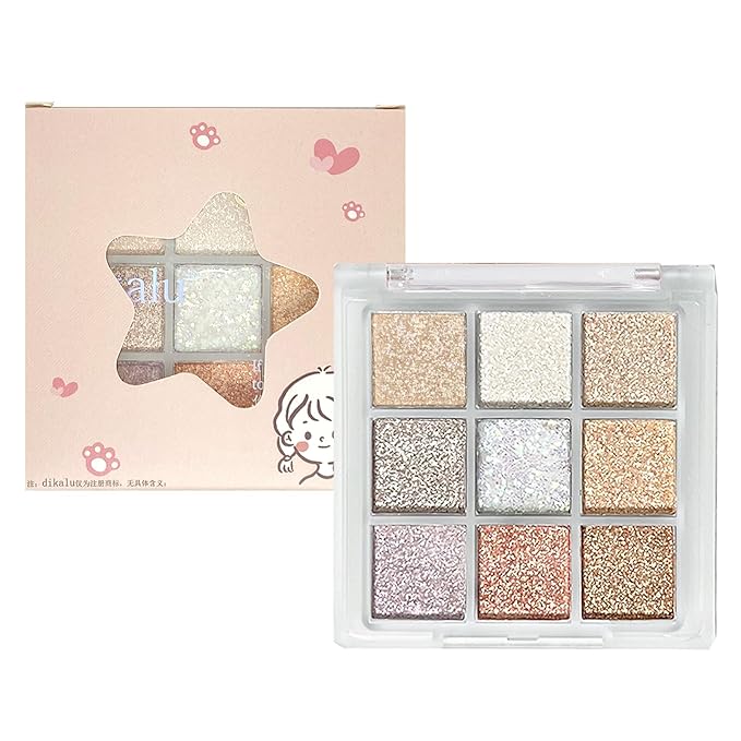 9Colors All Glitter Eyeshadow Palette, Korean Sparkle Neutral Eye Shadow Palettes, Highly Pigmented Long Lasting Waterproof Blendable