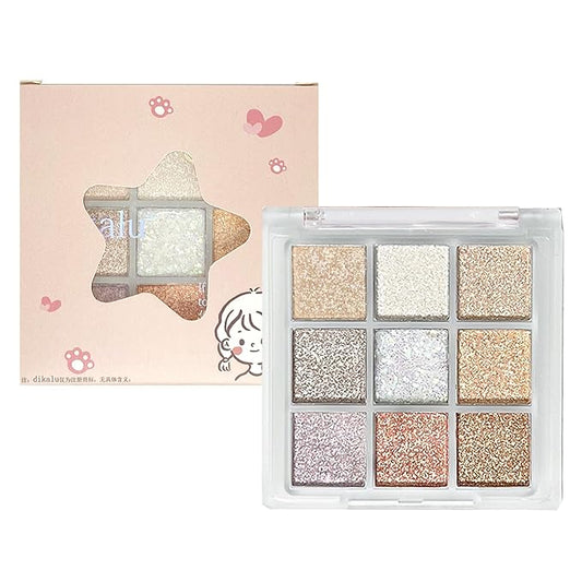 9Colors All Glitter Eyeshadow Palette, Korean Sparkle Neutral Eye Shadow Palettes, Highly Pigmented Long Lasting Waterproof Blendable