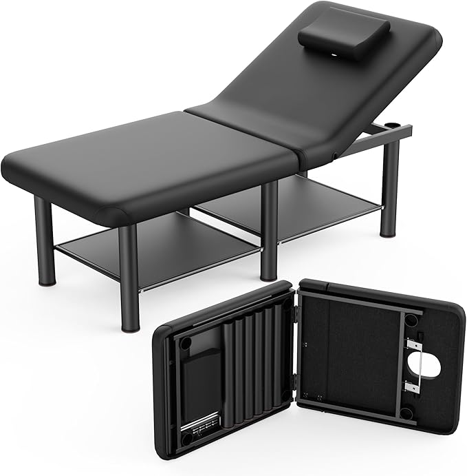 Folding Stationary Massage Table with Backrest and Storage Space for Treatment Table Physical Therapy Table Spa Facial Bed, 6 Round Legs Metal Frame PU Leather, 30.5'' Wide × 75'' Long - Black