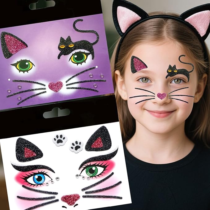 Cat Glitter Face Tattoo Stickers for Kids - - Temporary Body Art Makeup for Halloween, Cosplay, Birthday Party, Festival -Waterproof Fake Tattoo Stickers - 2Pcs (Animal Design)