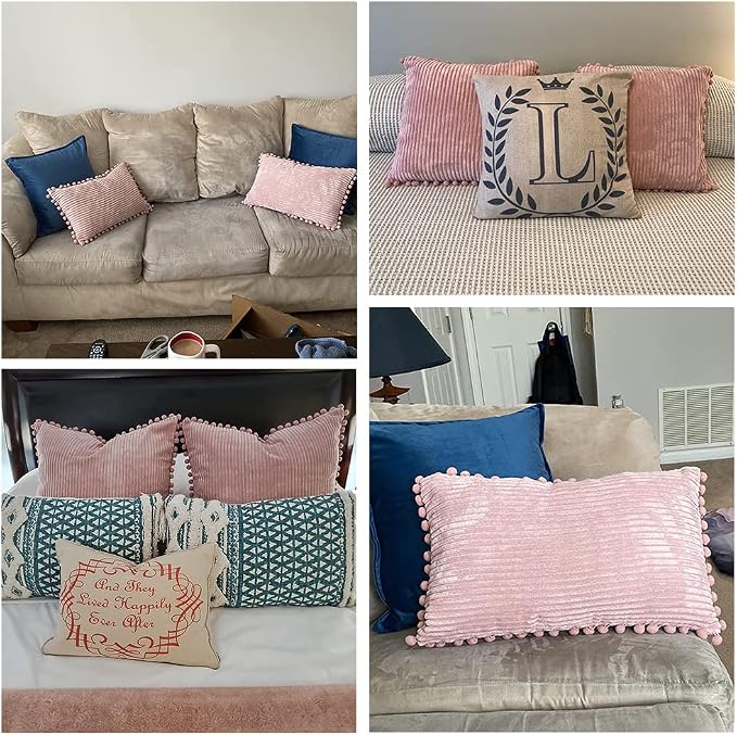 Fancy Homi 2 Pack Blush Pink Lumbar Decorative Throw Pillow Covers 14x24 Inch with Pom-poms for Couch Bedroom Sofa, Farmhouse Boho Home Decor, Soft Corduroy Solid Rectangle Cushion Case 35x60 cm