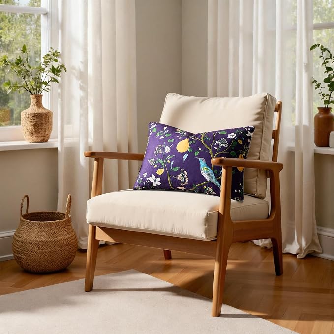 MUSSEL Purple Velvet Floral Decorative 12x20 Lumbar Pillow Covers Set of 2 | Durable and Sturdy,Botanical Printed Pattern,Throw Pillows Case,Rectangle,Colorful Farmhouse,Home Sofa Bed Couch Decor