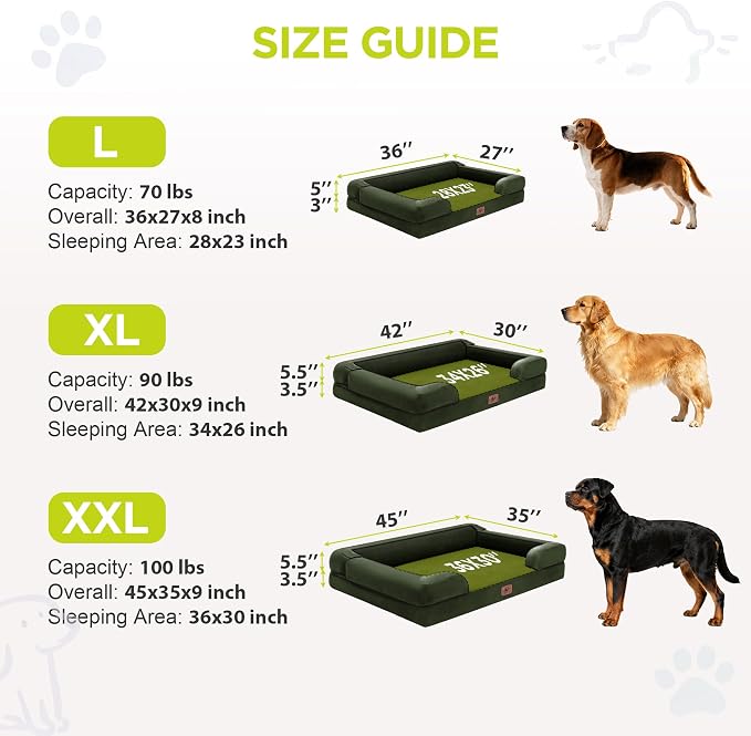 Waterproof Orthopedic Dog Bed for Extra Large Sized Dogs | Memory Foam Pet Bed Sofa with Bolster, Dog Couch with Washable Cover & Non-Slip Bottom, 42x30 Inch, Oliva Green
