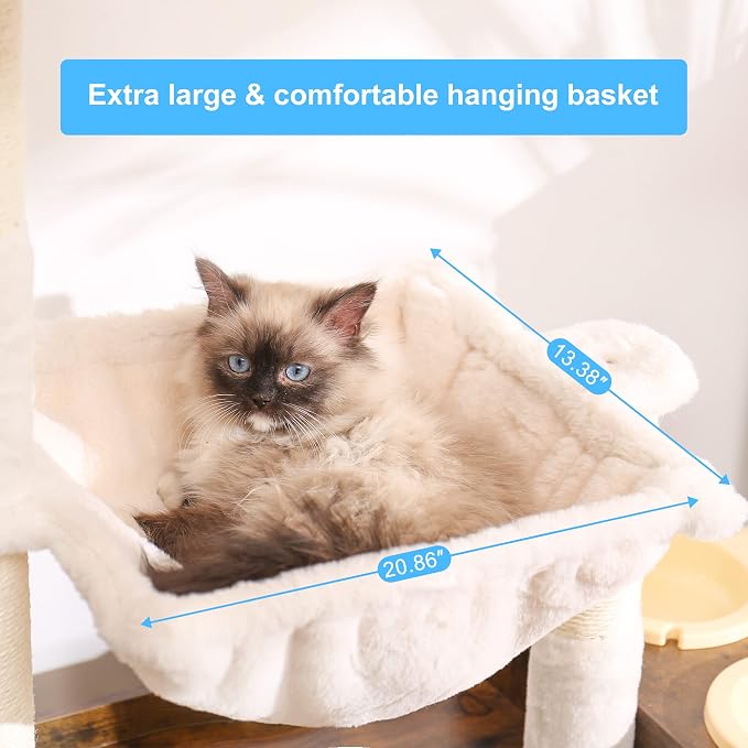Hey-brother Cat Tree Tower, Food Station, XL Litter Box Enclosure, MPJ101SR | 48.81 Inches Wooden All-in-one Cat Furniture, Large Hammock, Bed, Scratching Posts, Big Basket for Indoor Cats, Rustic Brown