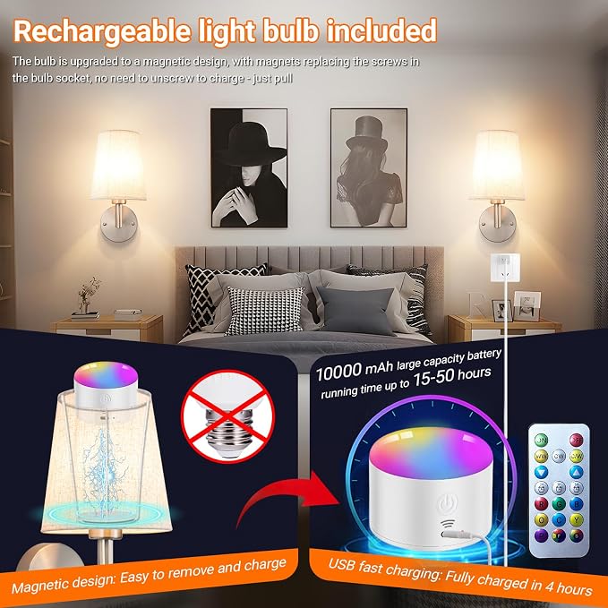 Wall Sconce Battery Operated Wall Light Fixure with Remote Control, Dimmable Battery Operated Wall Sconces Set Of Two, Indoor Wireless Wall Mounted Lamp with Rechargable Bulb For Bedroom Living Room