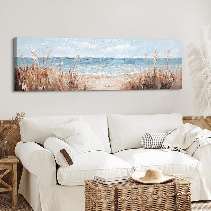 Large Abstract Ocean Wall Art Beach Picture Coastal Room Decor Seaside Landscape Wall Decor Nautical Canvas Prints Poster Seascape Painting for Living Room Bathroom Vintage Nature Sea Artwork Decorations 14x48"