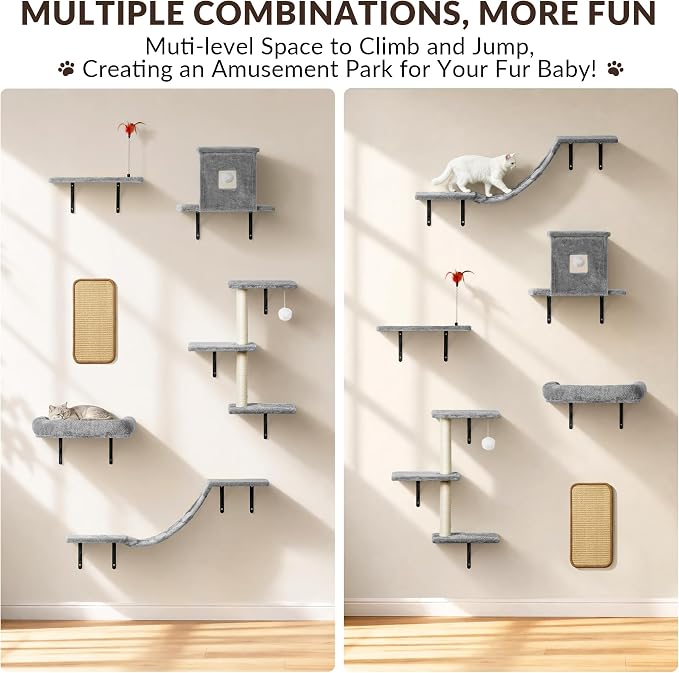Cat Wall Shelves, 6 in 1 Cat Wall Furniture Set with Condos House, Bed, Bridge, Tree, Steps, Scratching Board, DIY Walls Playground for Indoor (Gray)