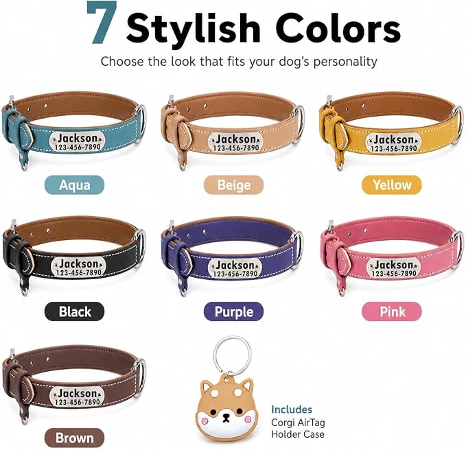 Personalized Genuine Leather Dog Collar with Name Phone Number-Khaki-XL