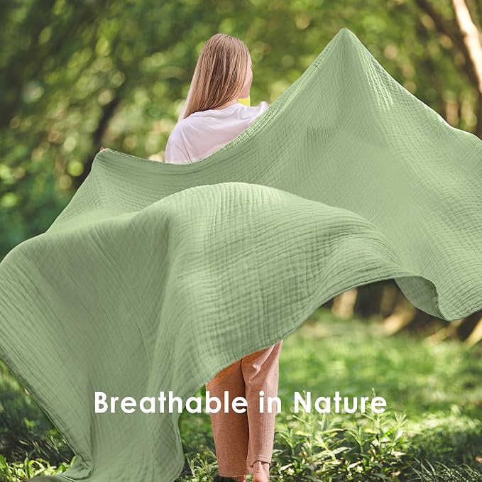EMME Muslin Blankets for Adults Throw Blanket for Couch Breathable Gauze Soft Lightweight Airy Sage Green Twin 60" x 80"