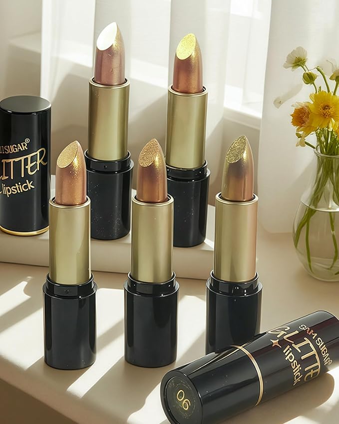 6 Pcs Metallic Glitter Lipstick Set, Sparkling Shimmer Lip Stick High Pigmented Lip Gloss for Women, Diamond Shiny Long Lasting 24 Hours Waterproof Non-Stick Lipgloss Lips Color labiales Makeup Gift-C