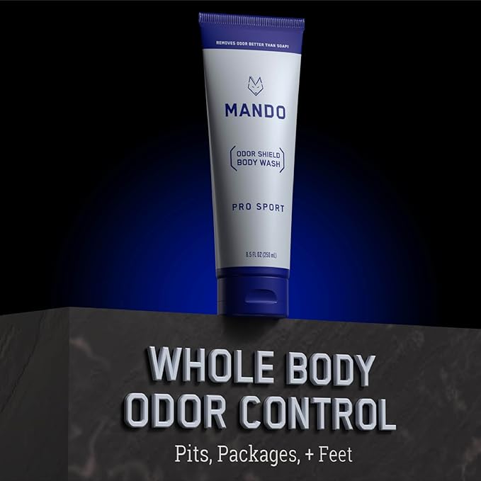 Mando Smooth Solid Stick (2.6 Ounce) + Acidified Body Wash (8.5 Ounce) - Clinically Proven to Block Odor All Day - Whole Body Safe For Pits, Packages + Feet (Pro Sport)
