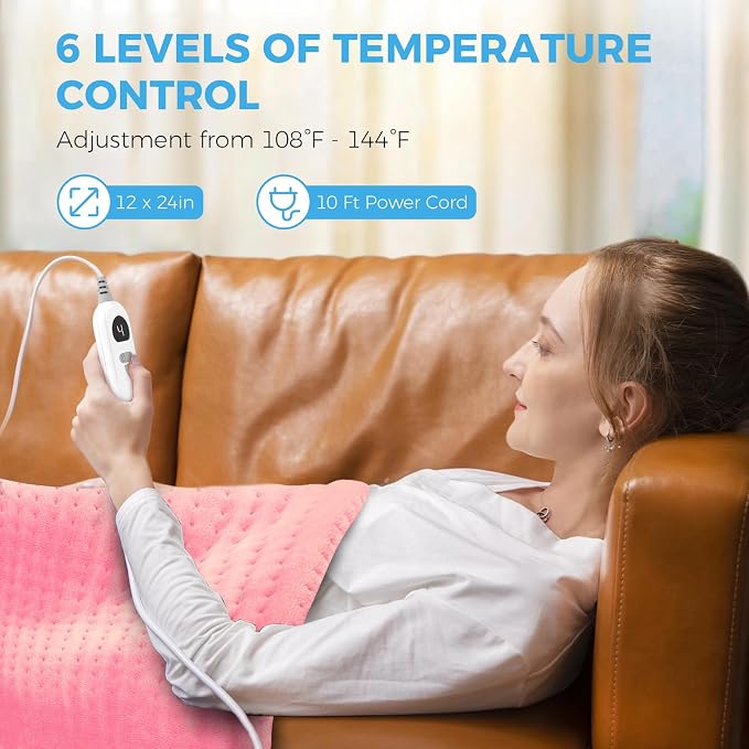NOWWISH Heating Pad for Back, Period Cramps, Neck and Shoulder, 12x24 Inches Electric Throw with 6 Heat Settings, Timer and Auto Shut Off, Machine Washable, Birthday Gifts for Women, Pink