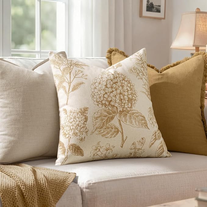 Set of 2 Decorative Floral Pillow Covers 18x18 Inch Light Yellow | Neutral Hydrangea Print, Boho Vintage Throw Cushion Covers, Cottagecore Home Decor, for Sofa Couch Porch Bedroom Living Room