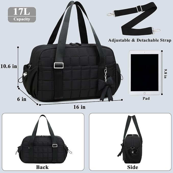 CAMTOP Mini Gym Bag for Women, Small Gym Tote Bag Puffy Quilted Sports Duffel Bag with Wet Compartment and Coin Purse Duffel Bags Dance Yoga Workout Bag for Gifts (Black, Medium-16")