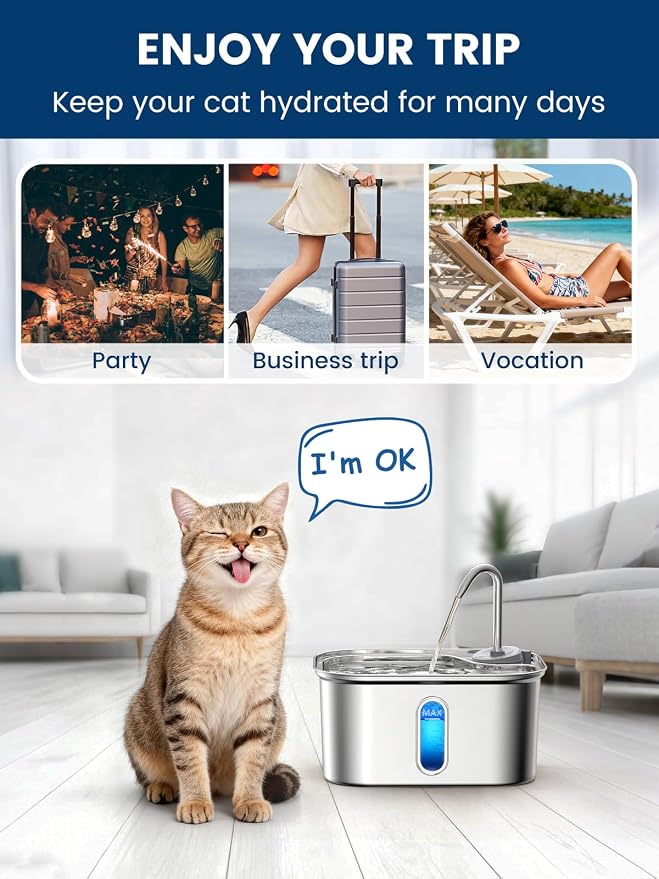 Cat Water Fountain Stainless Steel for Cats Indoor 2.5L 85oz by BPA-Free SUS304, Effective 6-Layer Filter Cat Fountain for Drinking 20dB Ultra Quiet Metal Pet Water Fountain (Fountain+1 Filter)