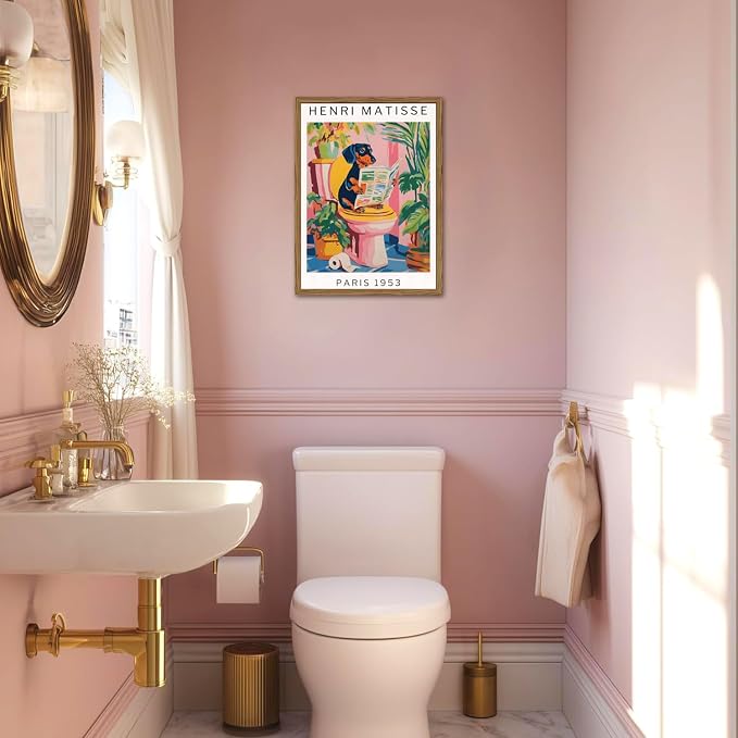 Funny Dachshund Bathroom Wall Art Henri Matisse Dog Bathroom Wall Decor Picture, Cute Puppy Animal Reading Newspaper in Toilet Poster Painting Canvas Print 16x24 inch Wood Framed