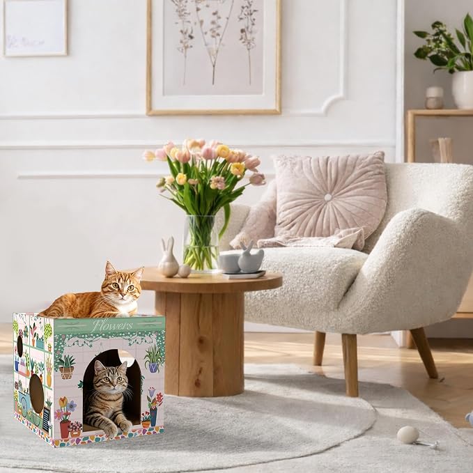 Cinrobiye Cardboard Cat House with 2 Pcs Scratching Pad，Pet Hideaway Cave Board Bed Playhouse Condo Box Decor Small Animals Scratcher Bed for Indoor Cats Kittens Rabbits Bunny