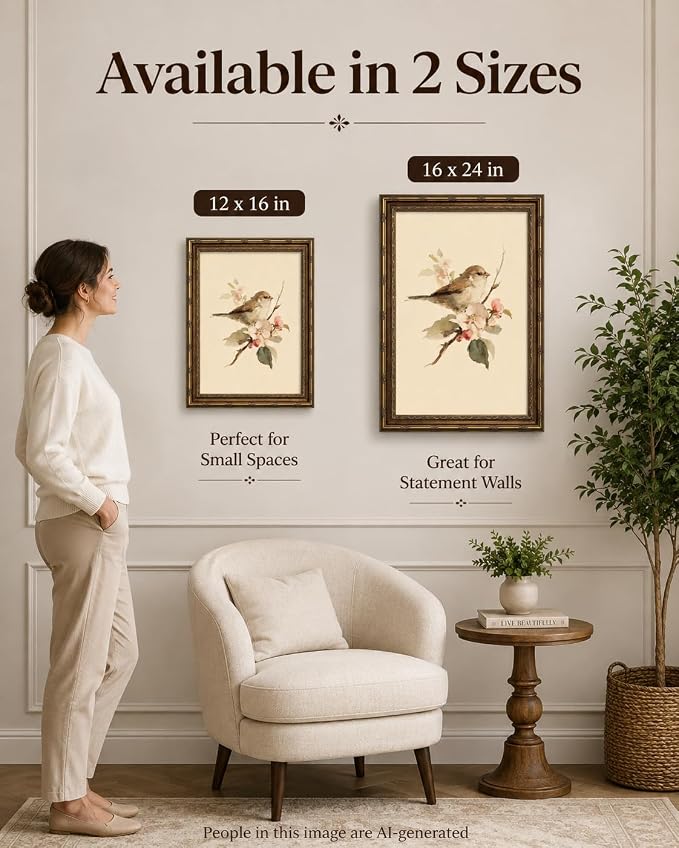 Gold Framed Bird Wall Art, Vintage Sparrow and Blossoms Canvas, 12x16in | Beige sparrow artwork with neutral vintage style for bedroom, nursery, kitchen, classroom, hallway, or living room.