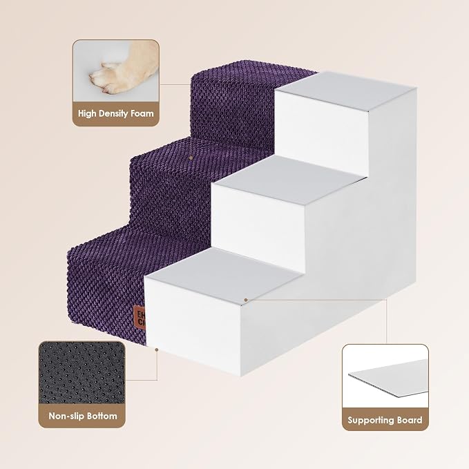EHEYCIGA Dog Stairs for Small Dogs 13.5" H, 3-Step Dog Steps for Cats, Purple