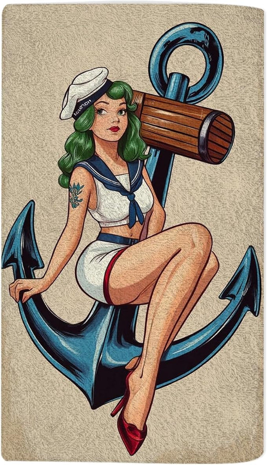 Vintage Pinup Sailor Girl Hand Towel Blue Anchor Face Towels Suit Travel Sports Pool Swimming Bath Camping Spa Gym Yoga,15x30 Inch