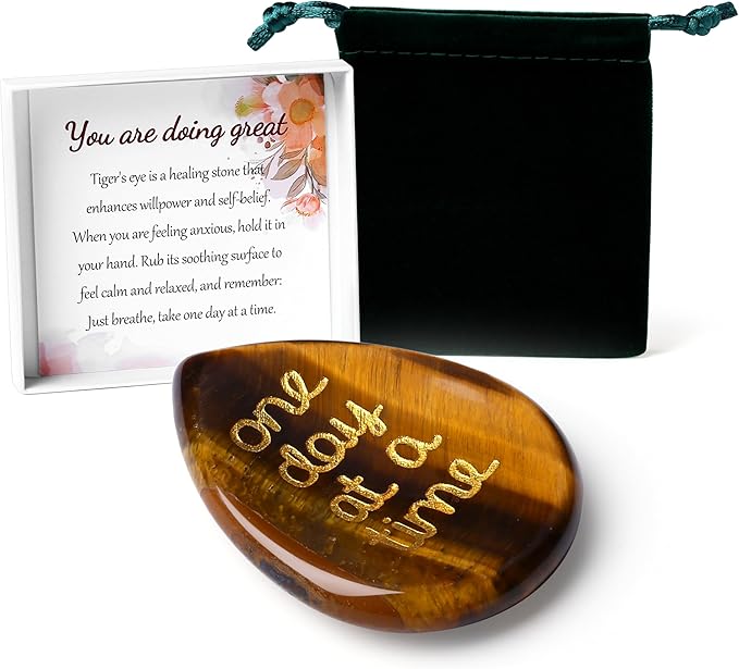 LAIDANLA Worry Stone for Anxiety Tiger Eye Healing Crystal Sensory Fidget Thumb Stones One Day at A Time Mental Health Anxiety Relief Items Inspirational Sobriety Thinking of You Gifts for Women Men