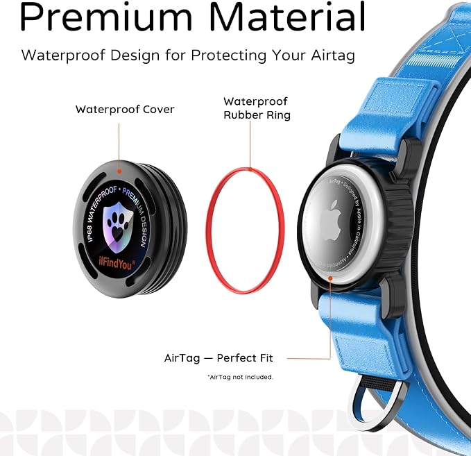Leather AirTag Dog Collar, Magnetic Buckle, Reflective, Blue M