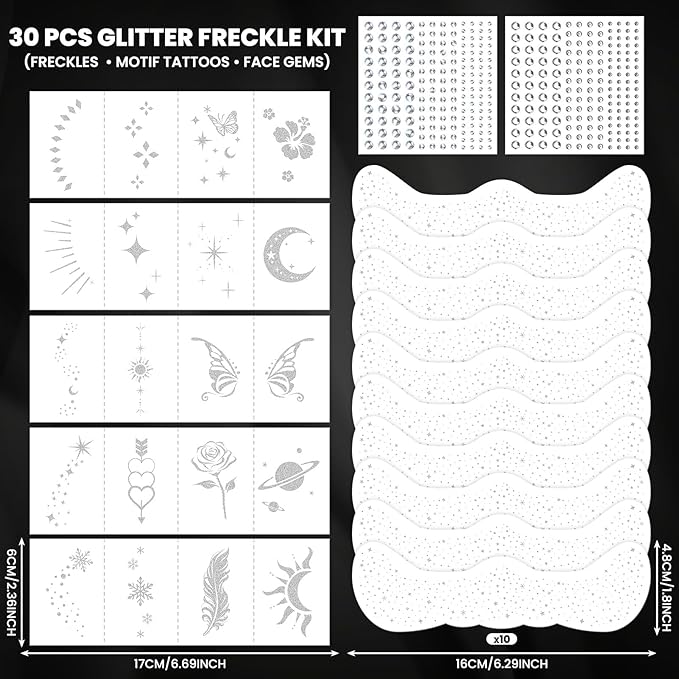 30PCS Glitter Freckles Face Tattoos & Face Gems Set, Classic Silver Glitter Temporary Tattoos Makeup Patches, Fake Freckles Face Glitter for Women’s Rave Outfits & Accessories