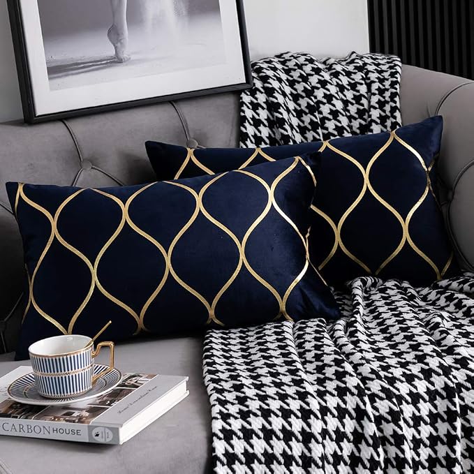 Gold Velvet Throw Pillow Covers Navy: 2 Pack 12x20 Inch Rectangular Decorative Pillow Cases for Bedroom Sofa Couch Living Room