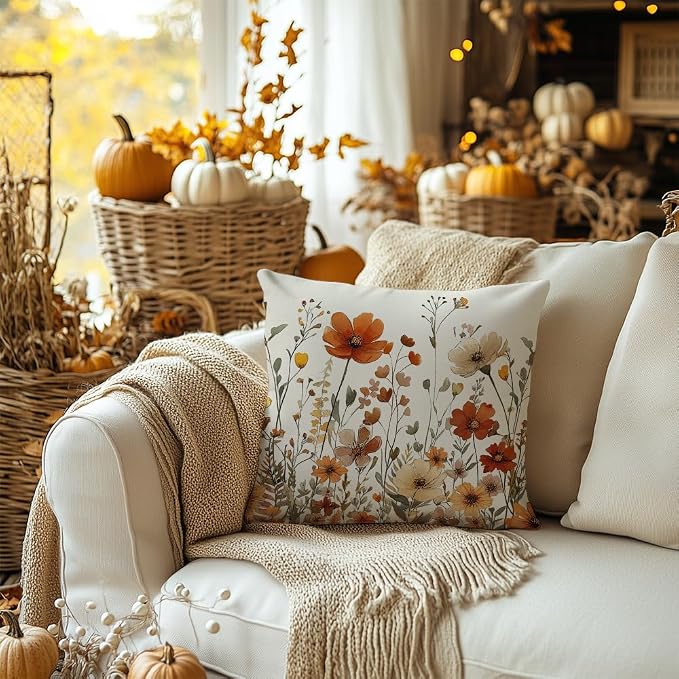 AACORS Fall Pillow Cover 16x16 Inch Floral Decoration Pillow Case Autumn Seasonal Decor for Home Sofa Couch AA730-16