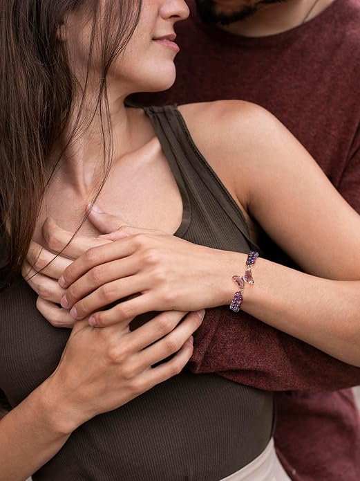Top Plaza Amethyst Bracelet Healing Crystal Stone Bracelet for Women 8mm Crystal Beads Butterfly Charms Stretch Bracelet Handmade Energy Gemstone Bracelet Jewelry