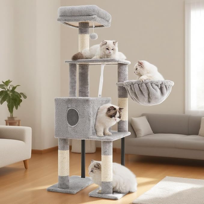 Heybly Cat Tree with Toy, 49.2 inch Cat Tower for Indoor Cats HCT200SW-1 | Spacious Cat House Condo with Hidden Space，Soft Plush Top Perch，Cozy Hammock and Sisal Scratching Posts, Light Gray