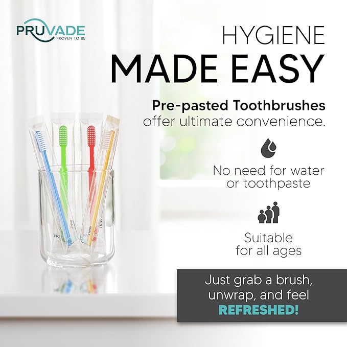 Pruvade 150 Pack Disposable Toothbrushes with Toothpaste, Built in | Prepasted Toothbrushes Individually Wrapped | Single Use Waterless Tooth Brush Soft Bristles for Airbnb, Hotel, Camping, Travel