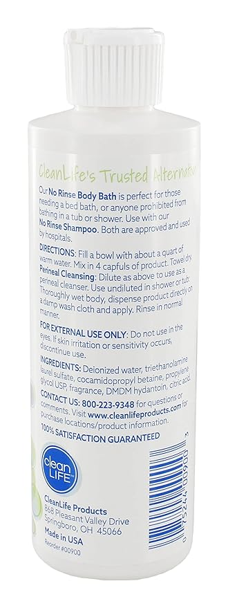 No-Rinse CleanLife Products Body Bath, 8 fl oz (Makes 8 Complete Baths) – Gentle, Concentrated Liquid Body Wash Made in USA – Ideal for Post-Surgery, Elderly Care, Camping, and Travel