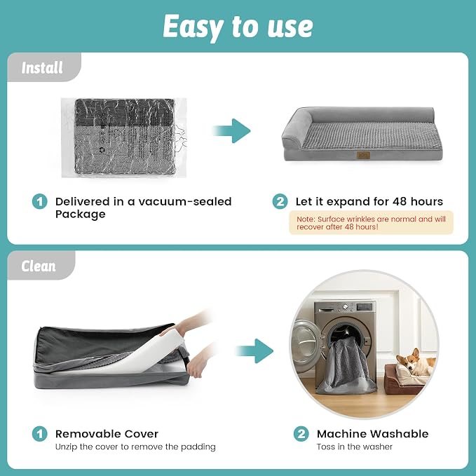 COZY KISS Orthopedic Dog Bed for Extra Large Dogs, L Shaped XXL 48x32 inch | Non-Slip Bottom Soft Pet Sofa with Washable Removable Waterproof Cover, Egg-Crate Foam Couch with Portable Handle, Grey