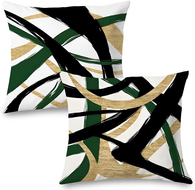 Black Gold and Green Pillow Covers, Abstract Black and Gold Pillow Covers 24x24 Set of 2, Modern Boho Decorative Throw Pillows Cover for Couch Bed Living Room