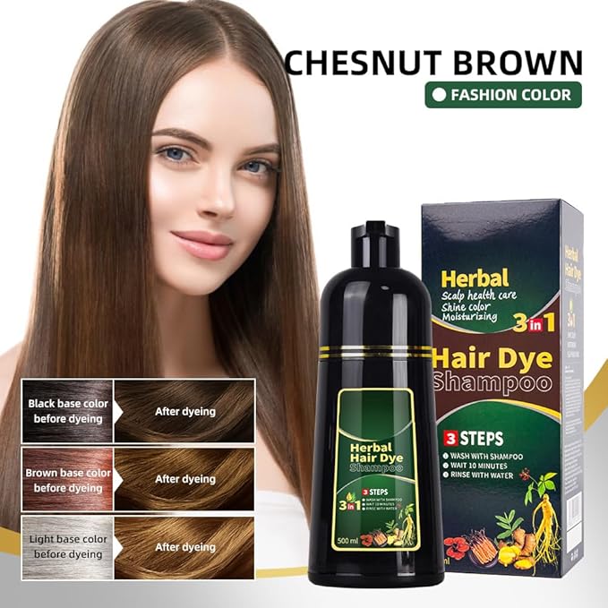 HUDABABY Chestnut brown Hair Dye Shampoo 3 in 1 Herbal Natural Dye Cover Gray, for Women/Men Hair Color for Grey Coverage (Chestnut brown)