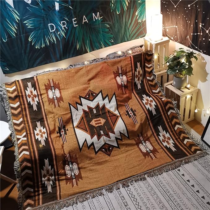 Aztec Blanket Native American Blanket for Couch Brown 51"x63" | Southwestern Throw Blanket Boho Decor Reversible Woven Tassels for Bed Chair Wall Tapestry Livingroom Outdoor