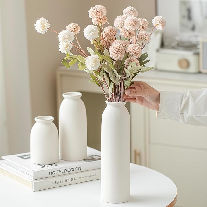 Ceramic Vase Set-3, Small Flower Vases for Decor, Modern Boho Farmhouse Style, 10.3 Inch Tall, Bisque White Color, Decorative Vases for Pampas Grass, Dried Flowers and Fresh Flowers (L Natural White)
