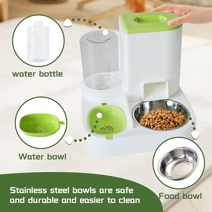 2 in 1 Automatic Cat Feeder & Water Dispenser,Gravity Pet Feeder Stainless Steel Food Water Bowl All-in-One Large Capacity Self Feeding for Cats Dogs Small Medium Pets(Green)
