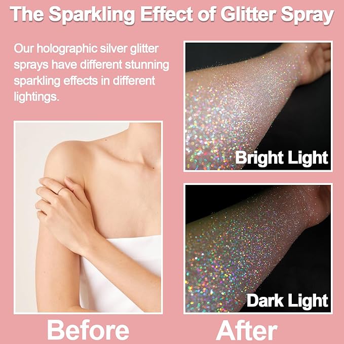 Boko Body Glitter Spray, 200ML Holographic Silver Glitter Spray for Body Hair Clothes, Long-Lasting Body Shimmer Glitter Hairspray for Festival Party Concert Shiny Pride Makeup Rave Accessories