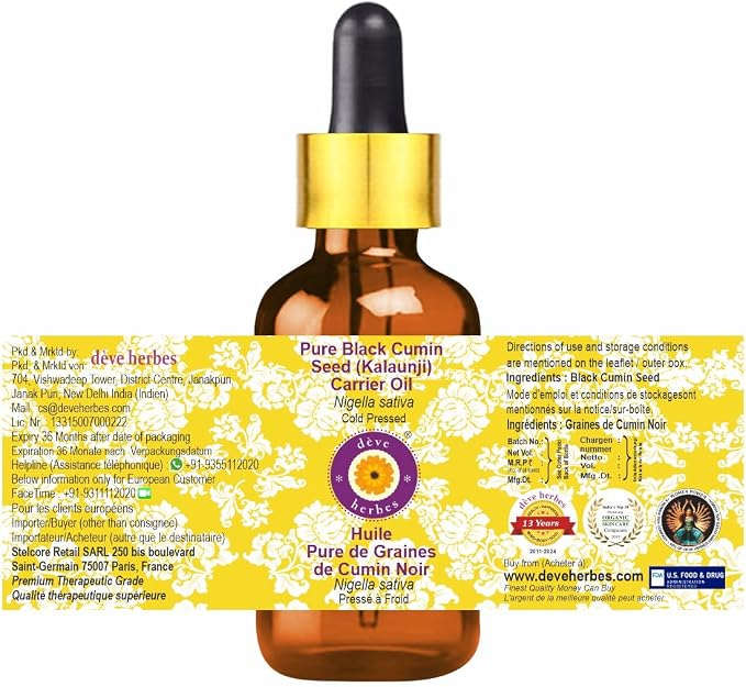 Deve Herbes Pure Black Cumin Seed (Kalaunji) Carrier Oil (Nigella Sativa) with Glass Dropper Cold Pressed 50ml (1.69 oz)