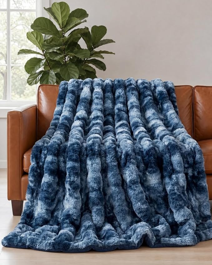 3D Fleece Bubble Blanket Queen - Rabbit Blanket - 90" x 90", Marble Blue | Soft Fluffy Faux Fur Blanket for Couch Sofa & Chair, Cozy Gifts for Women, Tie Dye Cloud Throw Bed Cover, Thick Plush Bedding