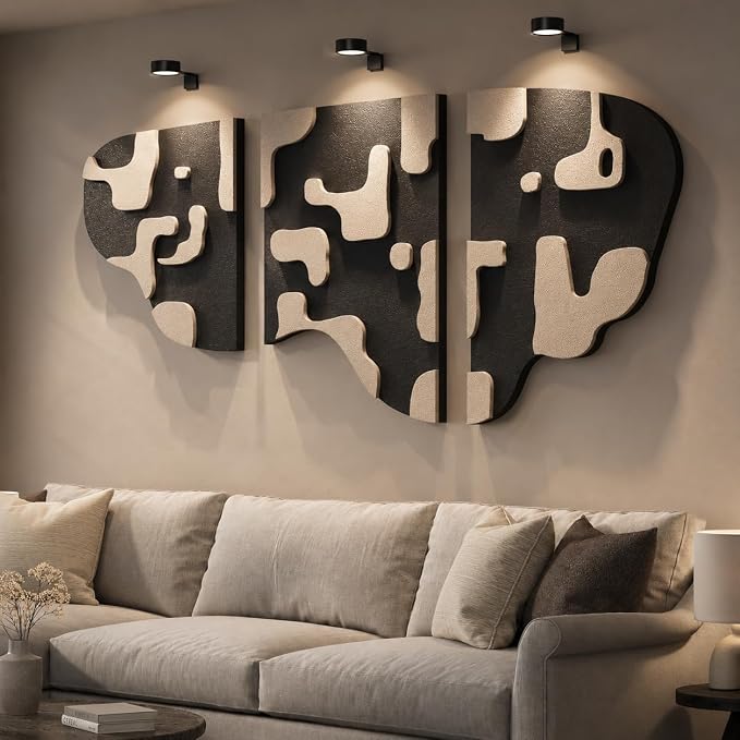 Large 3D Textured Modern Abstract Wall Art Decor for Living Room, 3 Piece Black and Beige Minimalist Artwork for Walls, Geometric Sandstone Texture Wall Decor for Hallway, Bedroom, Office, 24x36