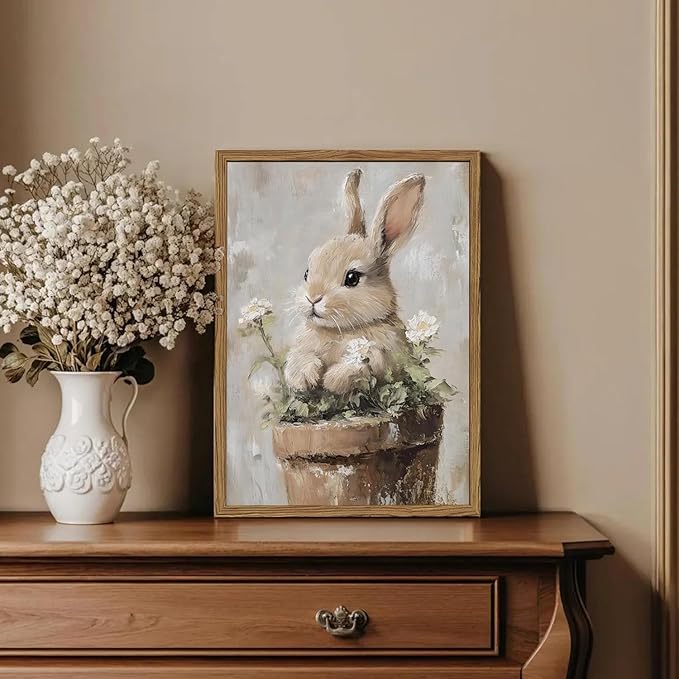 Framed Vintage Easter Bunny Wall Art, Cute Cottagecore Rabbit Floral Pictures Wall Decor, Spring Farmhouse Animal Paintings Prints Rustic Home Decor for Living Room Bedroom Nursery 12x16 inch