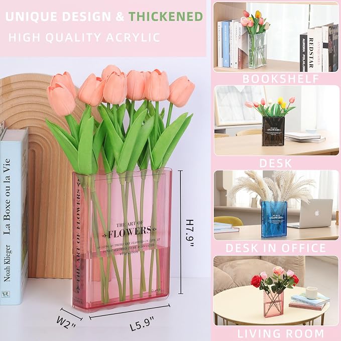 Book-Shaped Flower Vase, Book Lovers Gifts, Pink Vases for Wedding Decor | Aesthetic Room Centerpieces,Must-Have for Home, Bookshelf, Bedroom, Office Decor for Women, Teacher Gift - Like Mothers Day